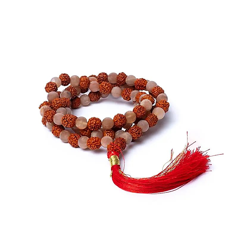 Mála - broskvový měsíční kámen a rudraksha kvality AA