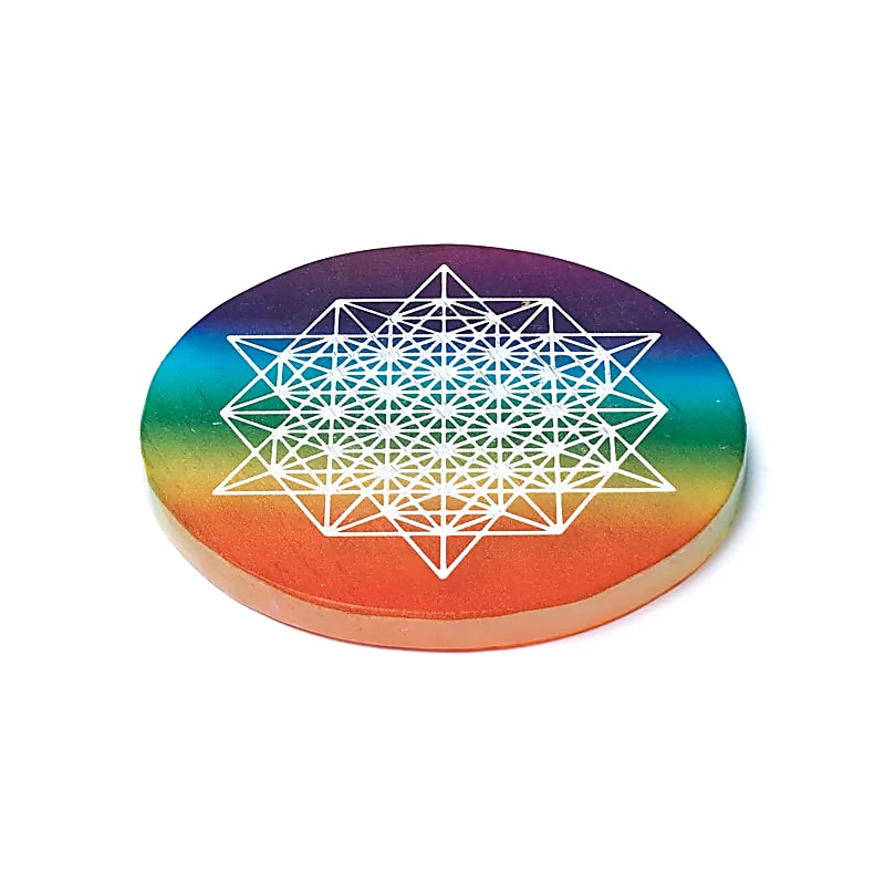 Selenitový podtácek - 64-bodový tetrahedron (64-Star Tetrahedron), 9 × 0,8 cm