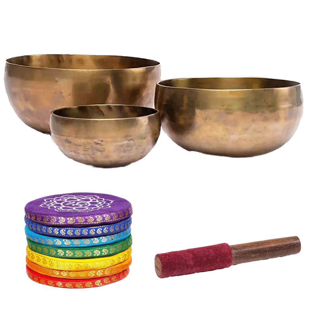Tibetská zpívající miska ručně tepaná 300-400g s hůlkou a podložkou 11cm