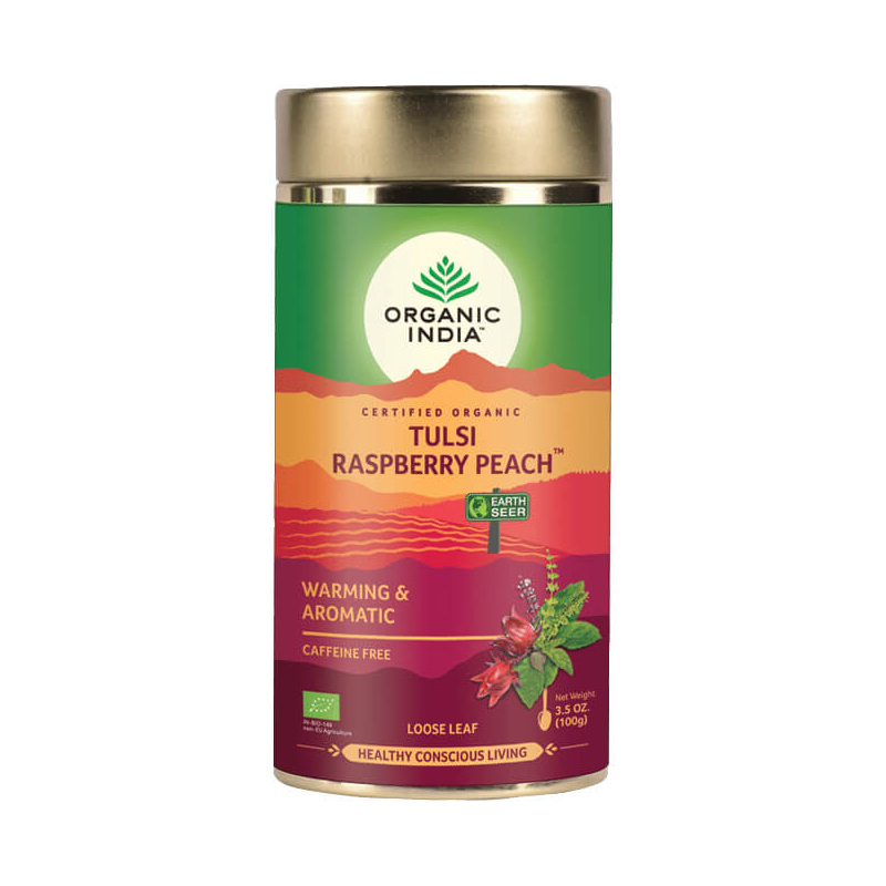 Aromatický hřejivý ajurvédský čaj Tulsi Malina Broskev, sypaný, Bio Indie, 100g