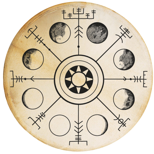 Šamanský buben Vegvísir - Fázy mesiaca 50cm - kozí kůže